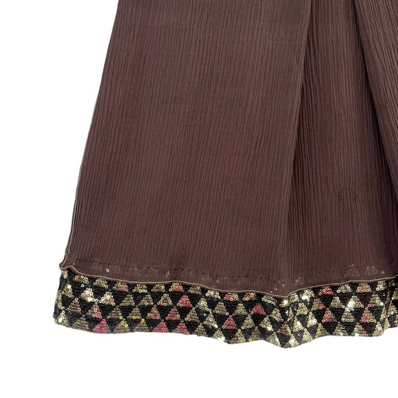 Rozae Nichols Silk Mini Skirt Brown Pleated Gold Accent Pull On Size 2 - Picture 9 of 13